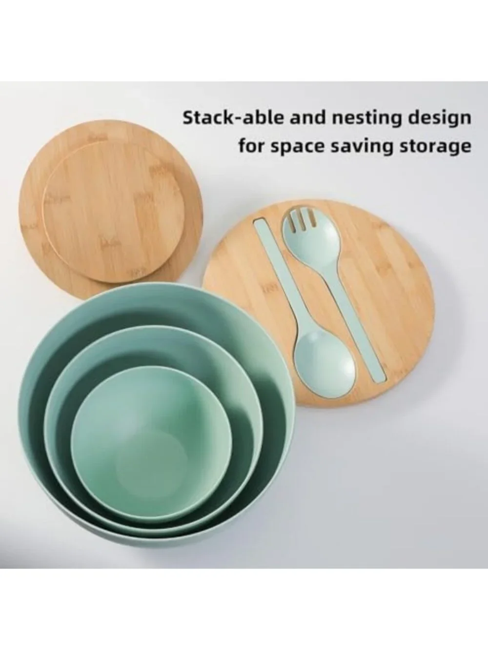 Set of 3 Large Bamboo Fiber Salad Bowls with Lids & Utensils - Perfect for
